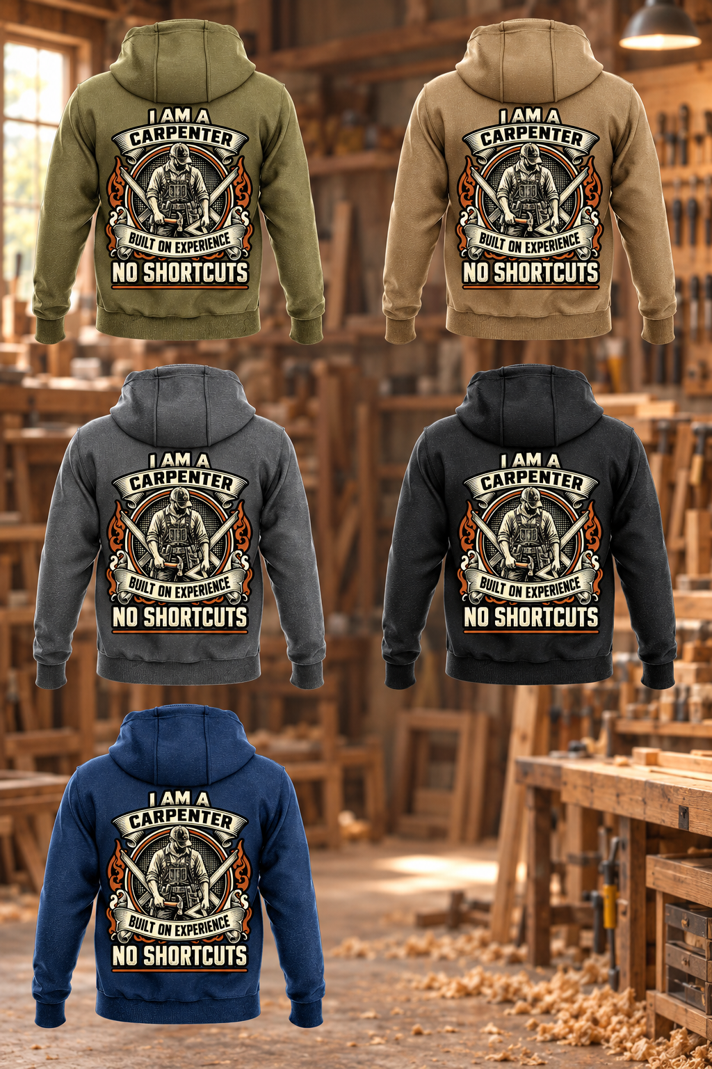 Carpenter Heritage Crest Vintage Hoodie in Military Green, Kaki, Dark Gray, Black and Dark Blue, five complete back views with ornate carpenter portrait crests in a quiet woodworking workshop.