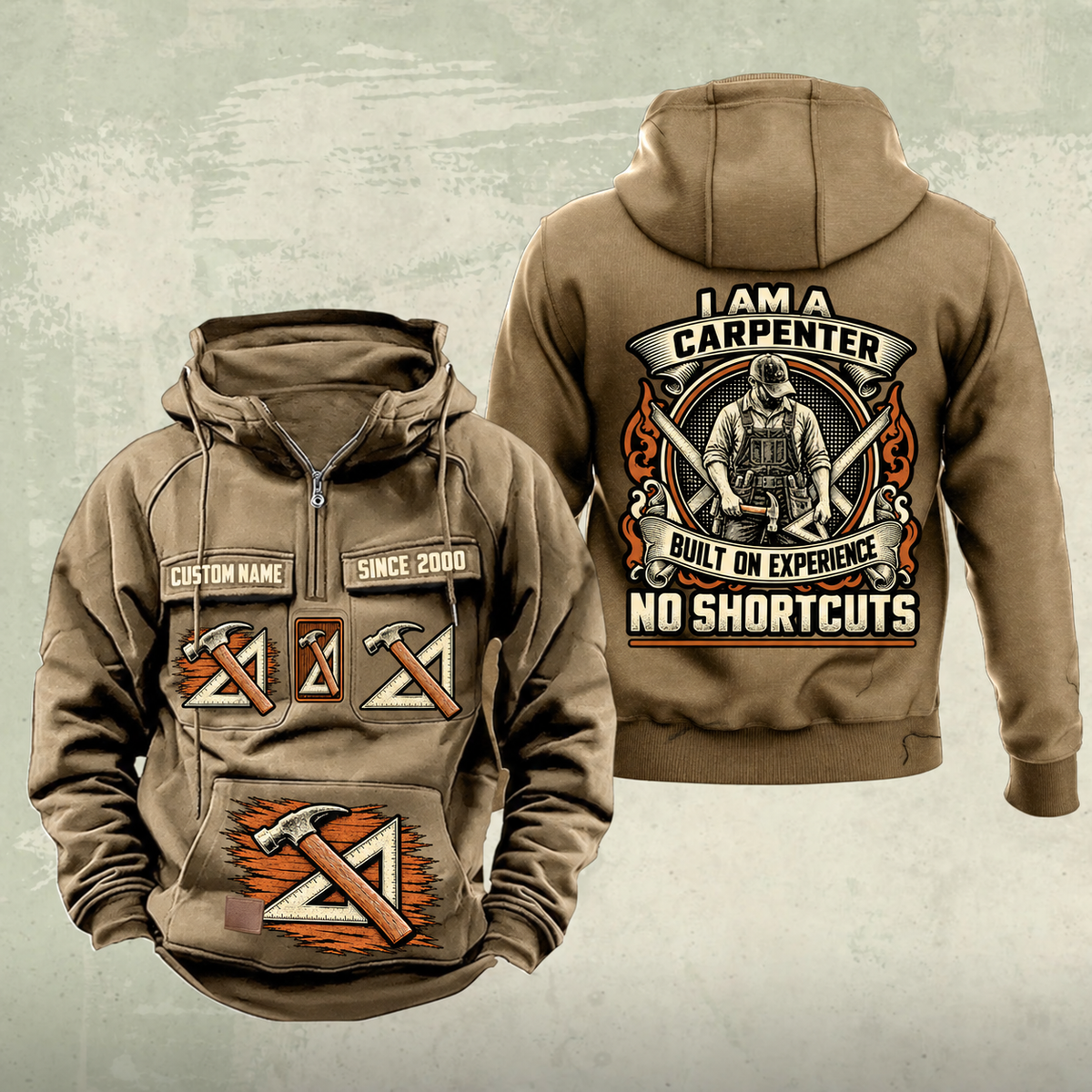 Carpenter Heritage Crest Vintage Hoodie in Kaki, front and back views with sample text CUSTOM NAME and SINCE 2000.