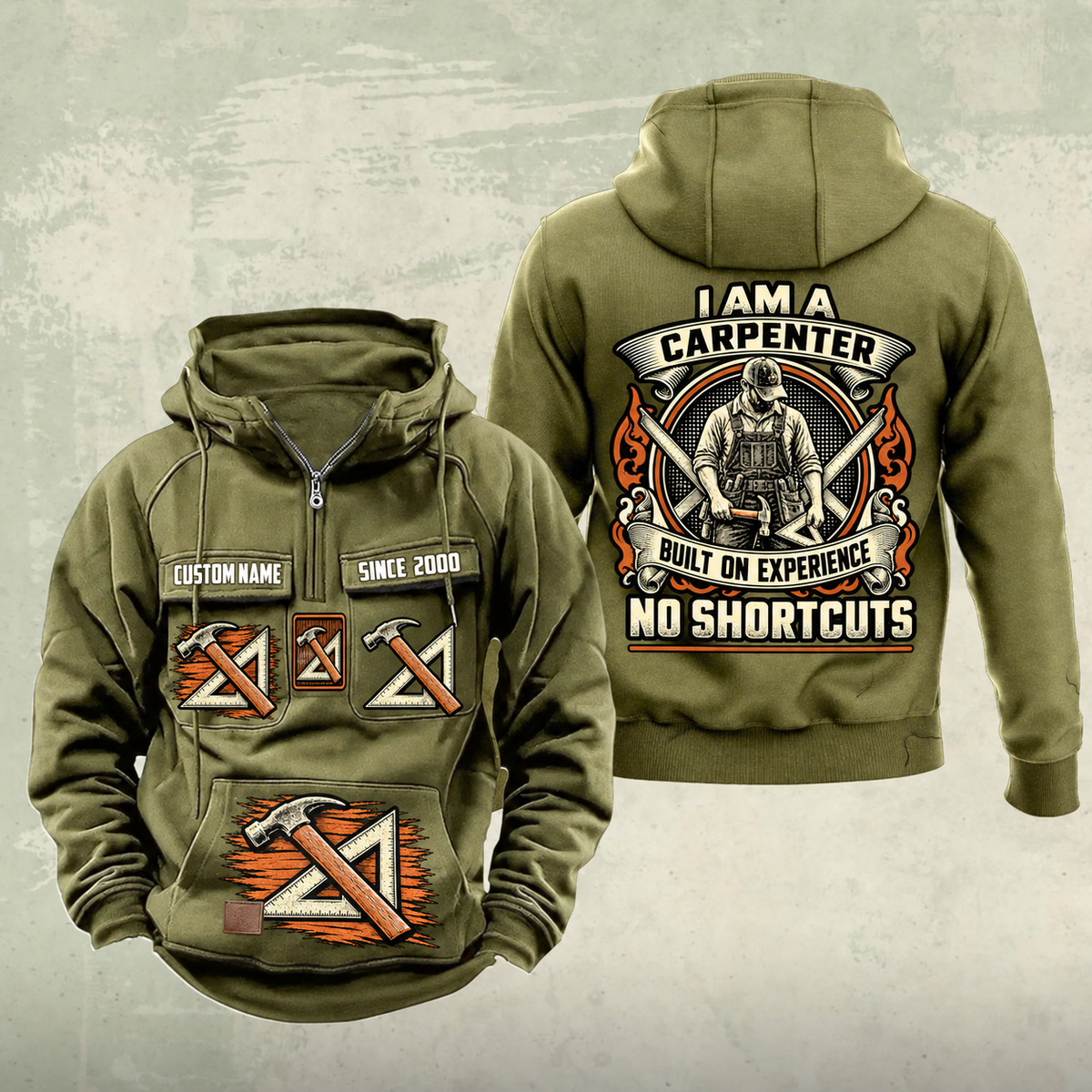 Carpenter Heritage Crest Vintage Hoodie in Military Green, front and back views with sample text CUSTOM NAME and SINCE 2000.