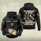 Carpenter Never Ends Vintage Hoodie in Black, front and back views with sample text CUSTOM NAME and SINCE 2000, boots, claw hammer and carpenter square artwork.