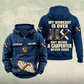 Carpenter Never Ends Vintage Hoodie in Dark Blue, front and back views with sample text CUSTOM NAME and SINCE 2000, boots, claw hammer and carpenter square artwork.