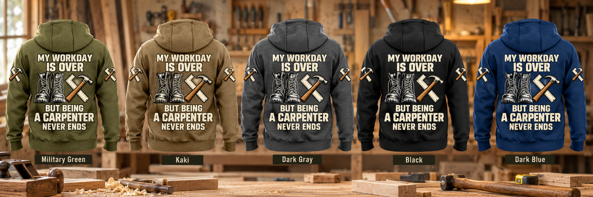 Carpenter Never Ends Vintage Hoodie in Military Green, Kaki, Dark Gray, Black and Dark Blue, five fully separated back views above a woodworking bench with timber offcuts and hand tools.