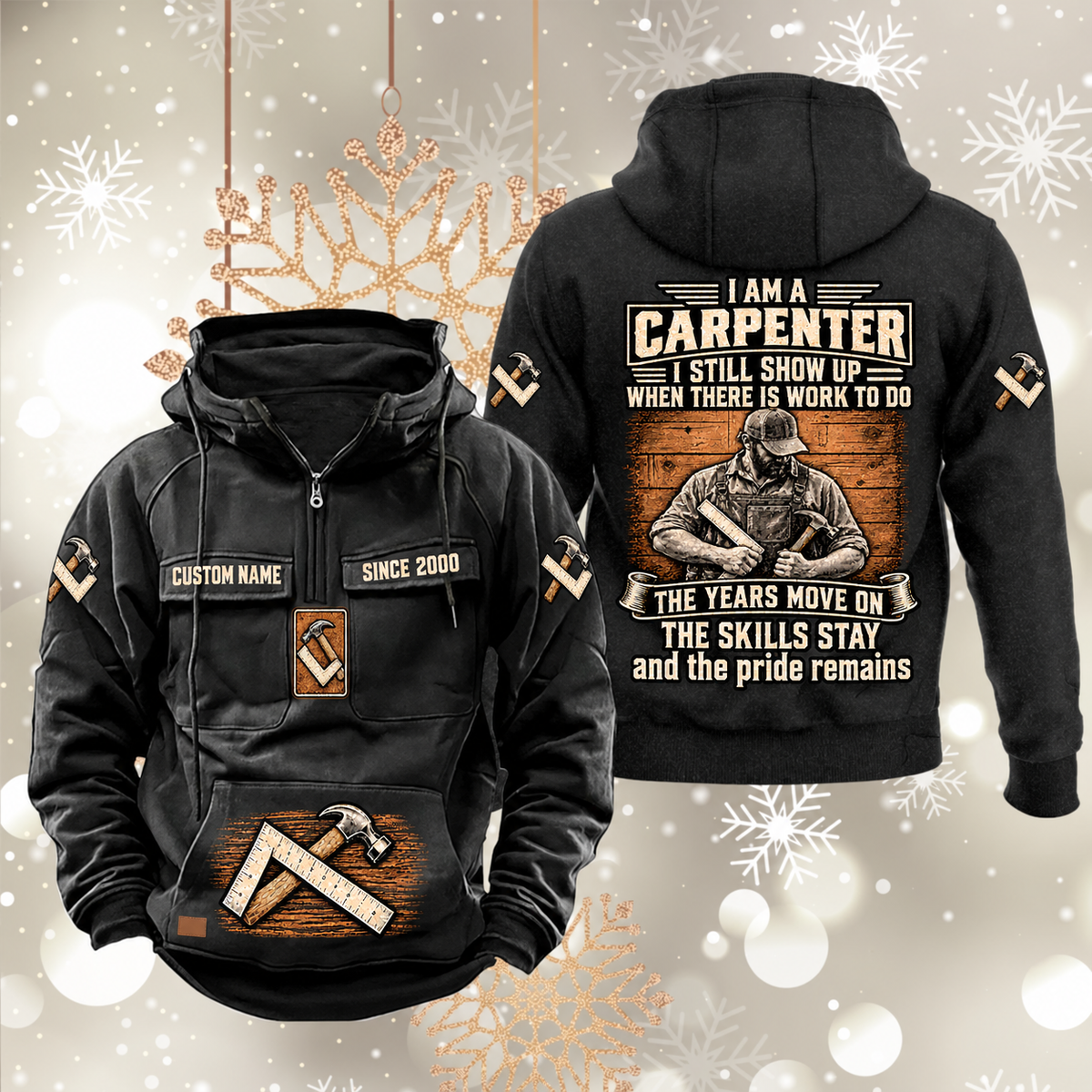 Carpenter Skills and Pride Vintage Hoodie in Black, front and back views with sample text CUSTOM NAME and SINCE 2000, carpenter portrait back graphic, square-and-hammer sleeve symbols and lower-front motif.