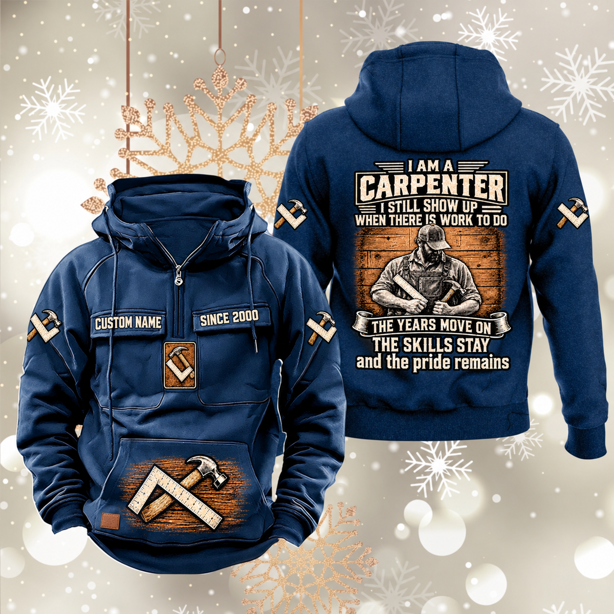 Carpenter Skills and Pride Vintage Hoodie in Dark Blue, front and back views with sample text CUSTOM NAME and SINCE 2000, carpenter portrait back graphic, square-and-hammer sleeve symbols and lower-front motif.