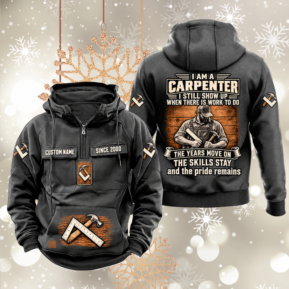 Carpenter Skills and Pride Vintage Hoodie in Dark Gray, front and back views with sample text CUSTOM NAME and SINCE 2000, carpenter portrait back graphic, square-and-hammer sleeve symbols and lower-front motif.