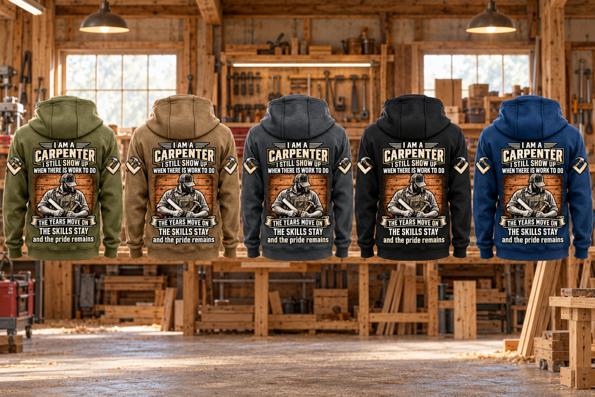 Five complete back views of the Carpenter Skills and Pride Vintage Hoodie in Military Green, Kaki, Dark Gray, Black and Dark Blue, arranged separately in a quiet woodworking workshop.