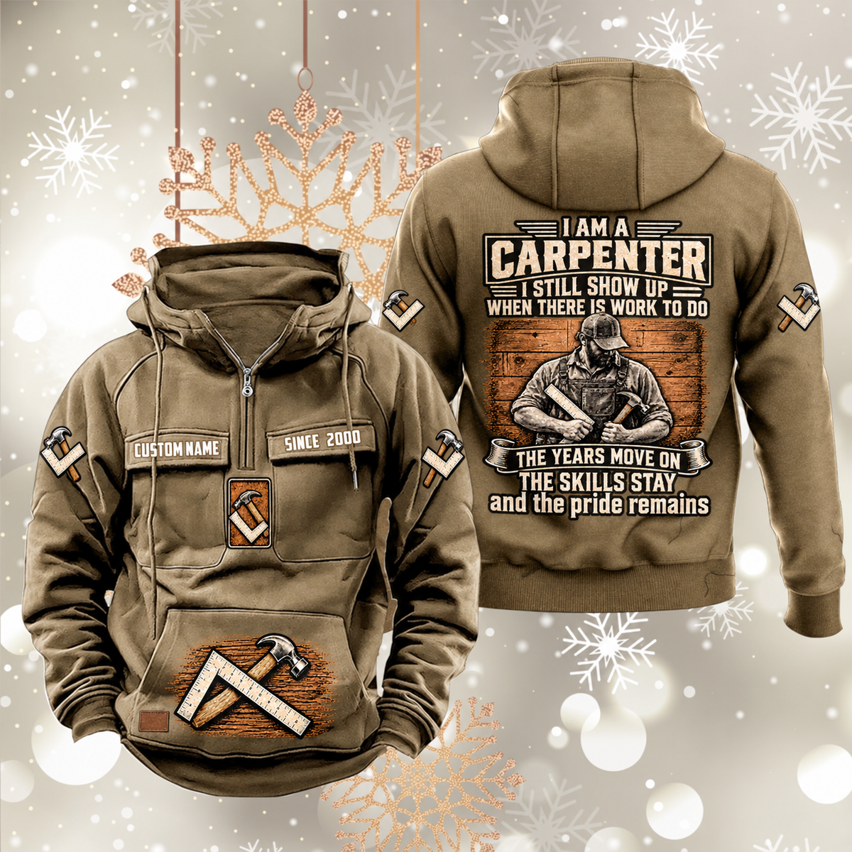 Carpenter Skills and Pride Vintage Hoodie in Kaki, front and back views with sample text CUSTOM NAME and SINCE 2000, carpenter portrait back graphic, square-and-hammer sleeve symbols and lower-front motif.