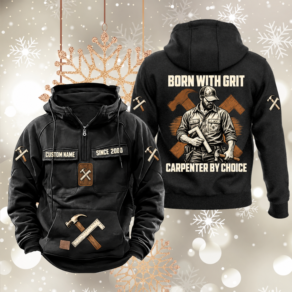Carpenter By Choice Vintage Hoodie in Black, front and back views with sample text CUSTOM NAME and SINCE 2000, carpenter portrait and crossed hammer-and-square artwork.