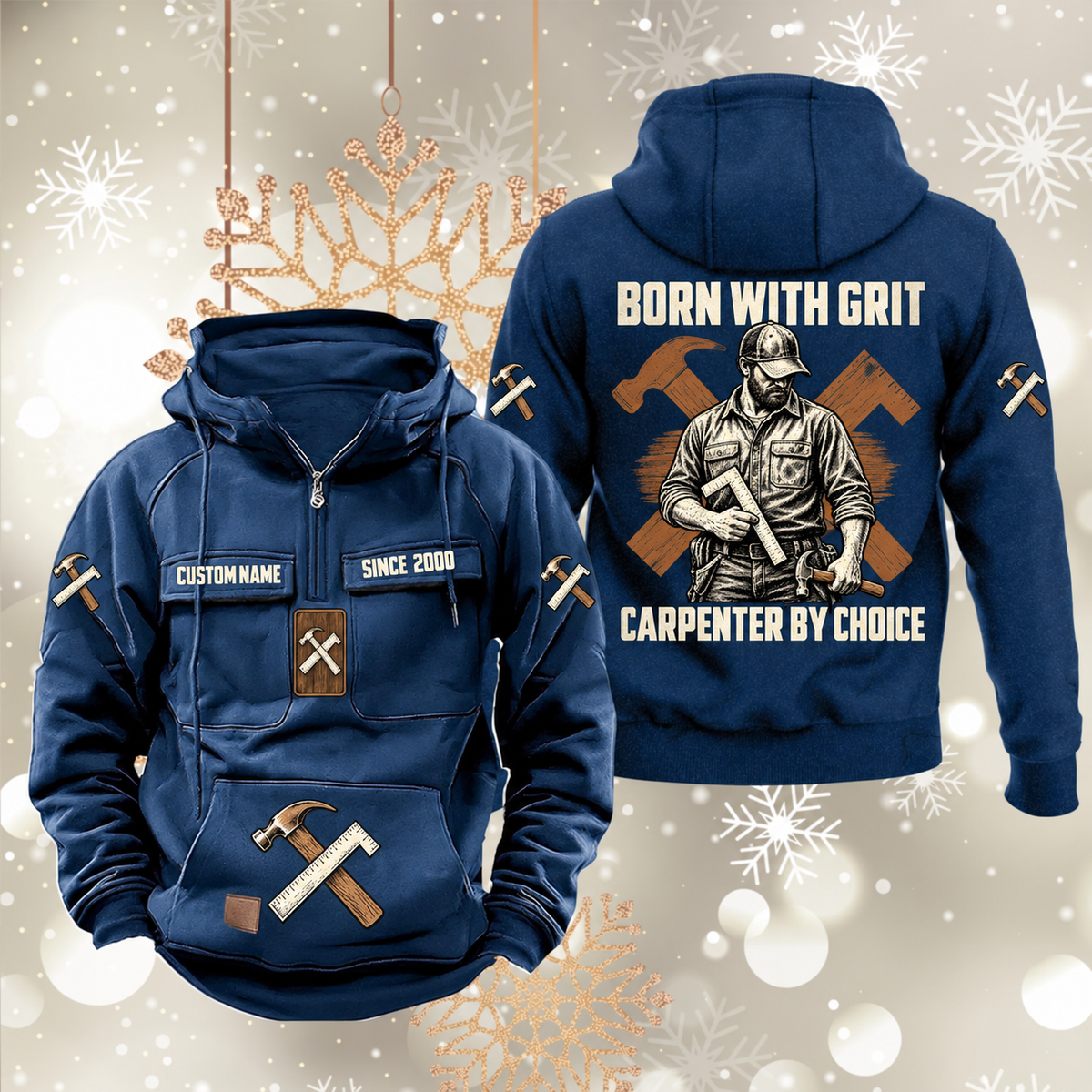Carpenter By Choice Vintage Hoodie in Dark Blue, front and back views with sample text CUSTOM NAME and SINCE 2000, carpenter portrait and crossed hammer-and-square artwork.