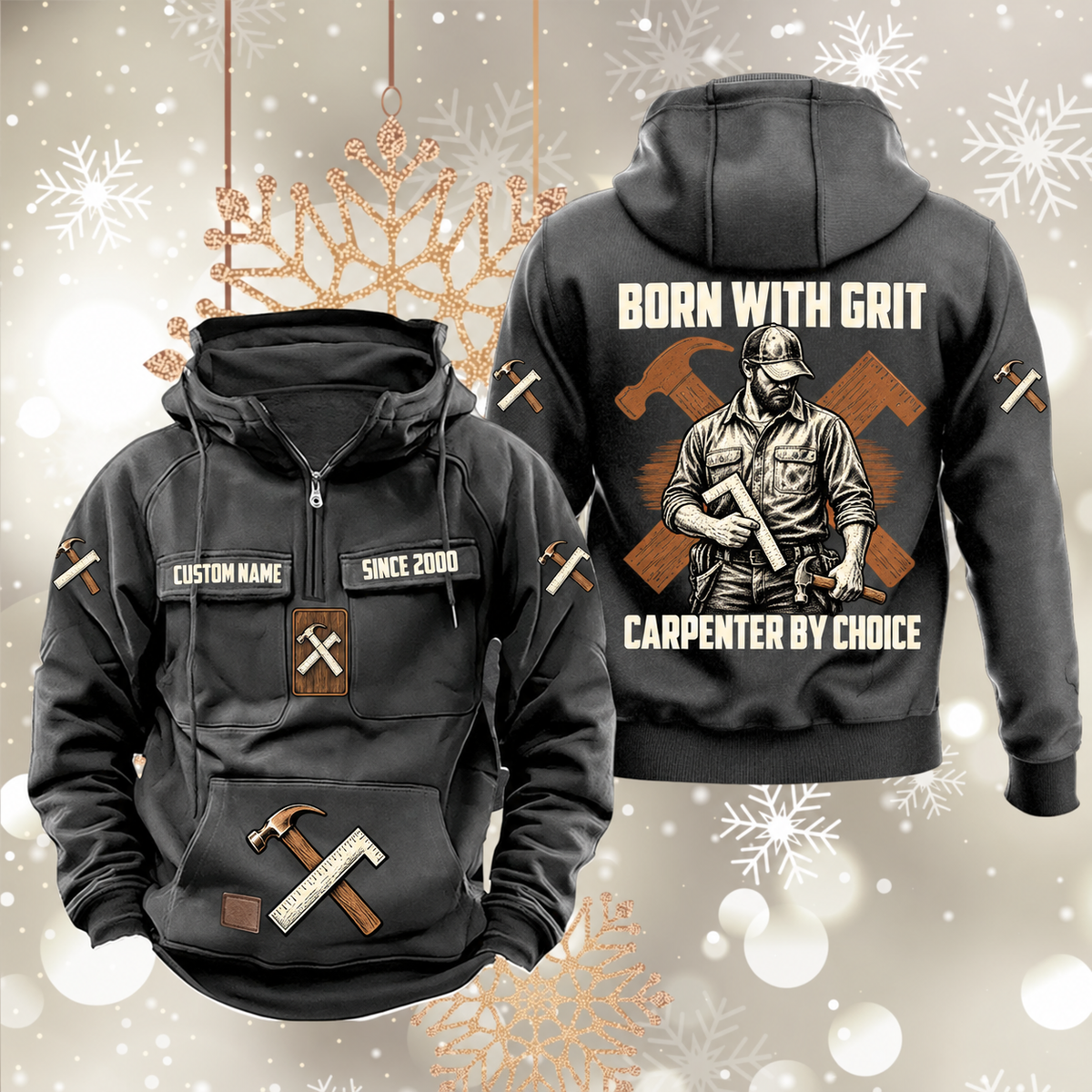 Carpenter By Choice Vintage Hoodie in Dark Gray, front and back views with sample text CUSTOM NAME and SINCE 2000, carpenter portrait and crossed hammer-and-square artwork.
