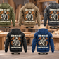 Carpenter By Choice Vintage Hoodie in Military Green, Kaki, Dark Gray, Black and Dark Blue, five complete back views with BORN WITH GRIT and CARPENTER BY CHOICE artwork against a quiet woodworking-workshop background.