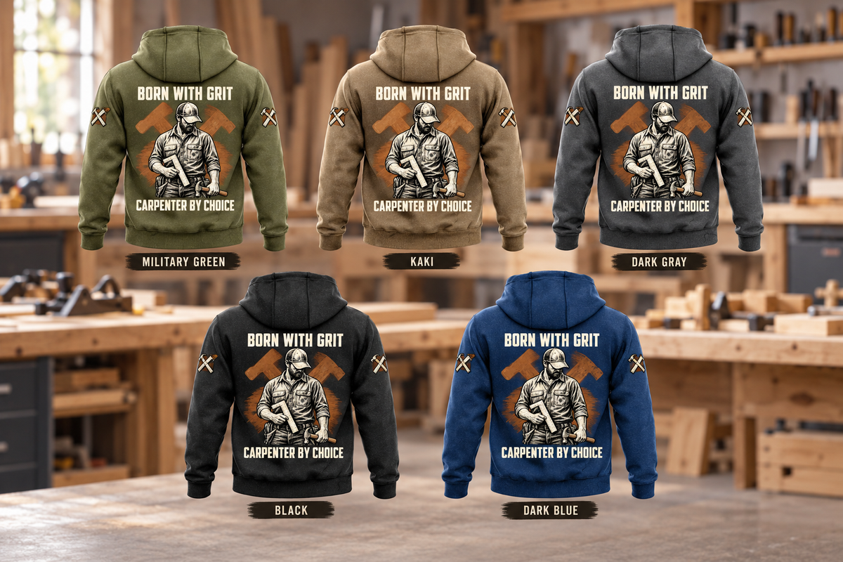 Carpenter By Choice Vintage Hoodie in Military Green, Kaki, Dark Gray, Black and Dark Blue, five complete back views with BORN WITH GRIT and CARPENTER BY CHOICE artwork against a quiet woodworking-workshop background.