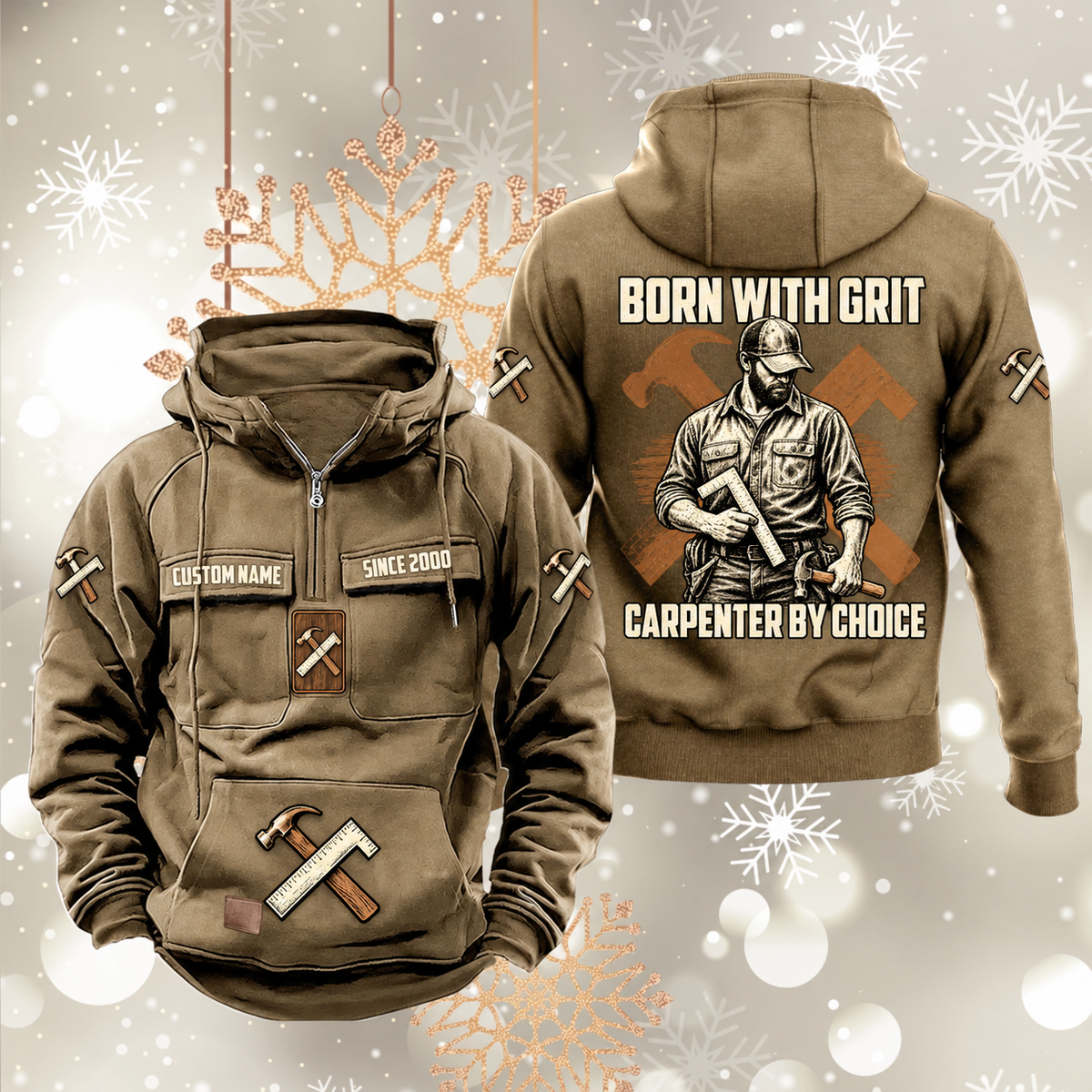 Carpenter By Choice Vintage Hoodie in Kaki, front and back views with sample text CUSTOM NAME and SINCE 2000, carpenter portrait and crossed hammer-and-square artwork.