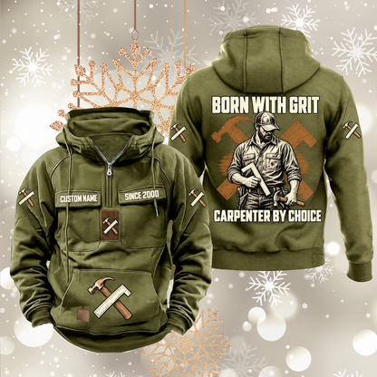 Carpenter By Choice Vintage Hoodie in Military Green, front and back views with sample text CUSTOM NAME and SINCE 2000, carpenter portrait and crossed hammer-and-square artwork.