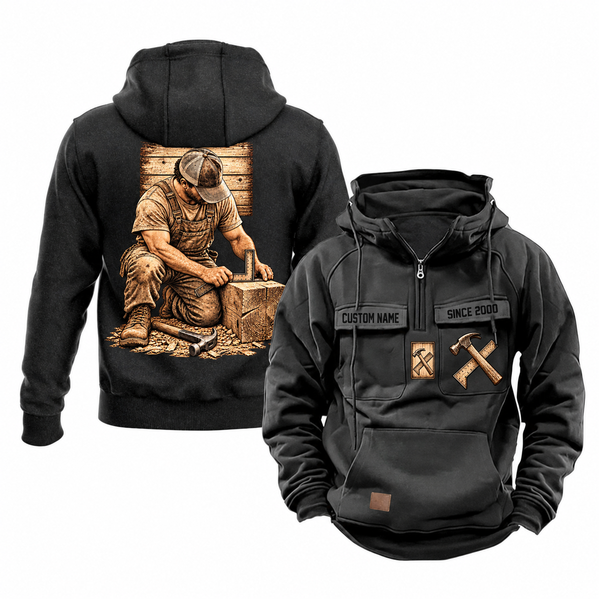 Carpenter Ready Every Day Portrait Vintage Hoodie in Black, front and back views with sample text CUSTOM NAME and SINCE 2000, crossed hammer-and-square chest emblems and a kneeling carpenter back illustration.