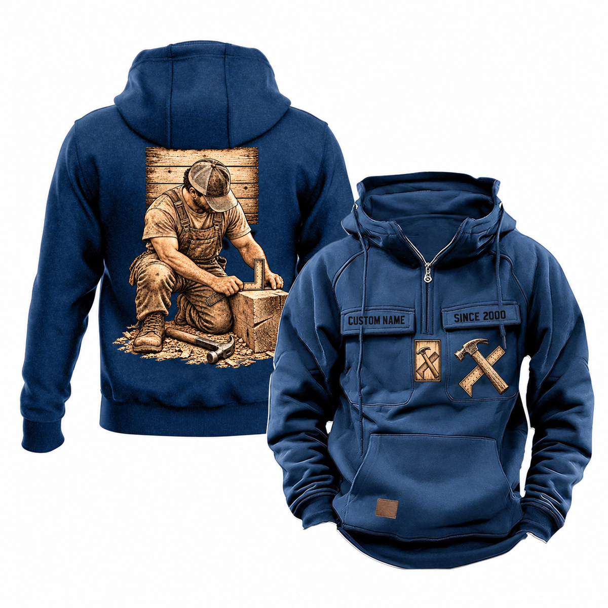 Carpenter Ready Every Day Portrait Vintage Hoodie in Dark Blue, front and back views with sample text CUSTOM NAME and SINCE 2000, crossed hammer-and-square chest emblems and a kneeling carpenter back illustration.