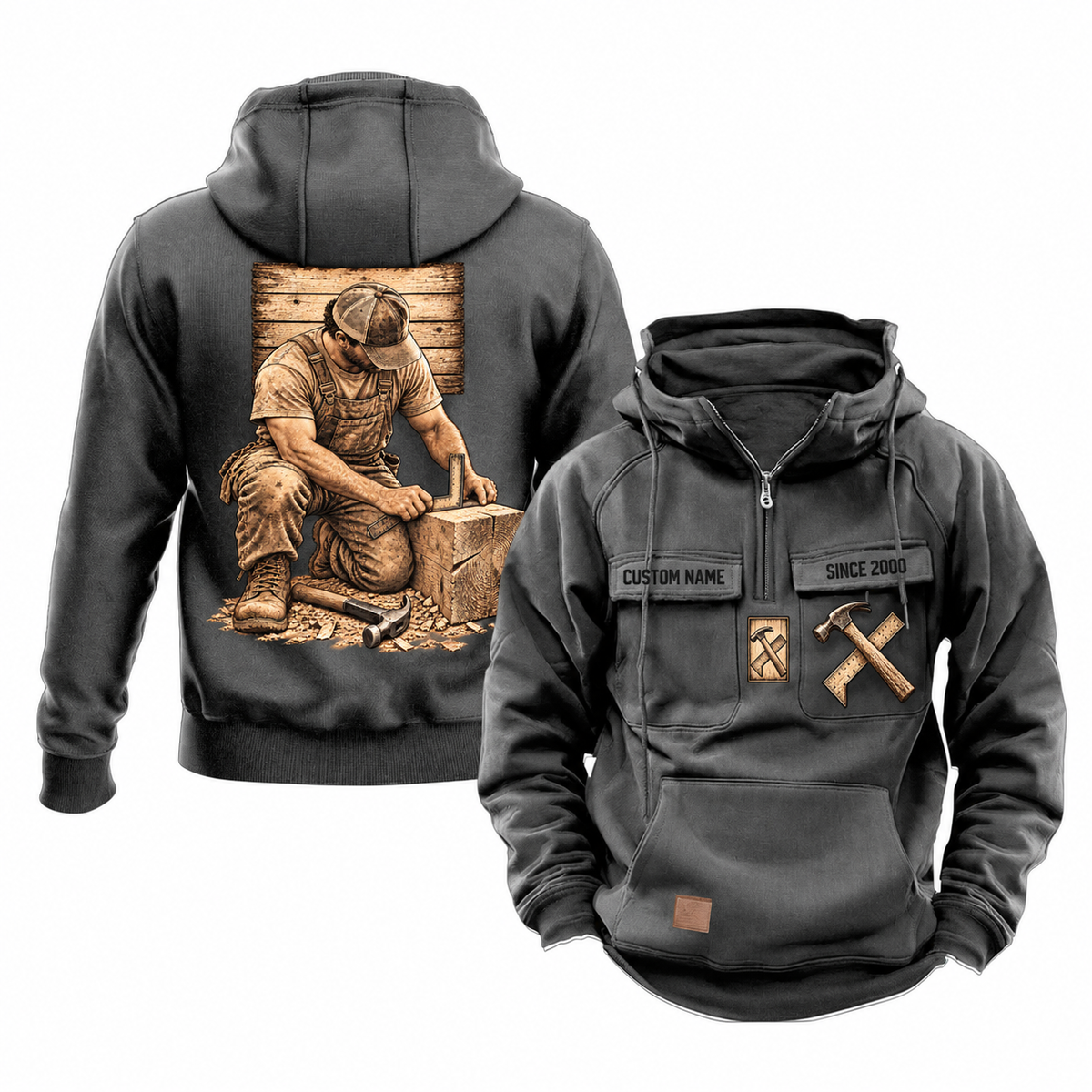 Carpenter Ready Every Day Portrait Vintage Hoodie in Dark Gray, front and back views with sample text CUSTOM NAME and SINCE 2000, crossed hammer-and-square chest emblems and a kneeling carpenter back illustration.