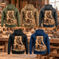 Five Carpenter Ready Every Day Portrait Vintage Hoodie back views in Military Green, Kaki, Dark Gray, Black and Dark Blue, displayed separately against a quiet woodworking workshop background.
