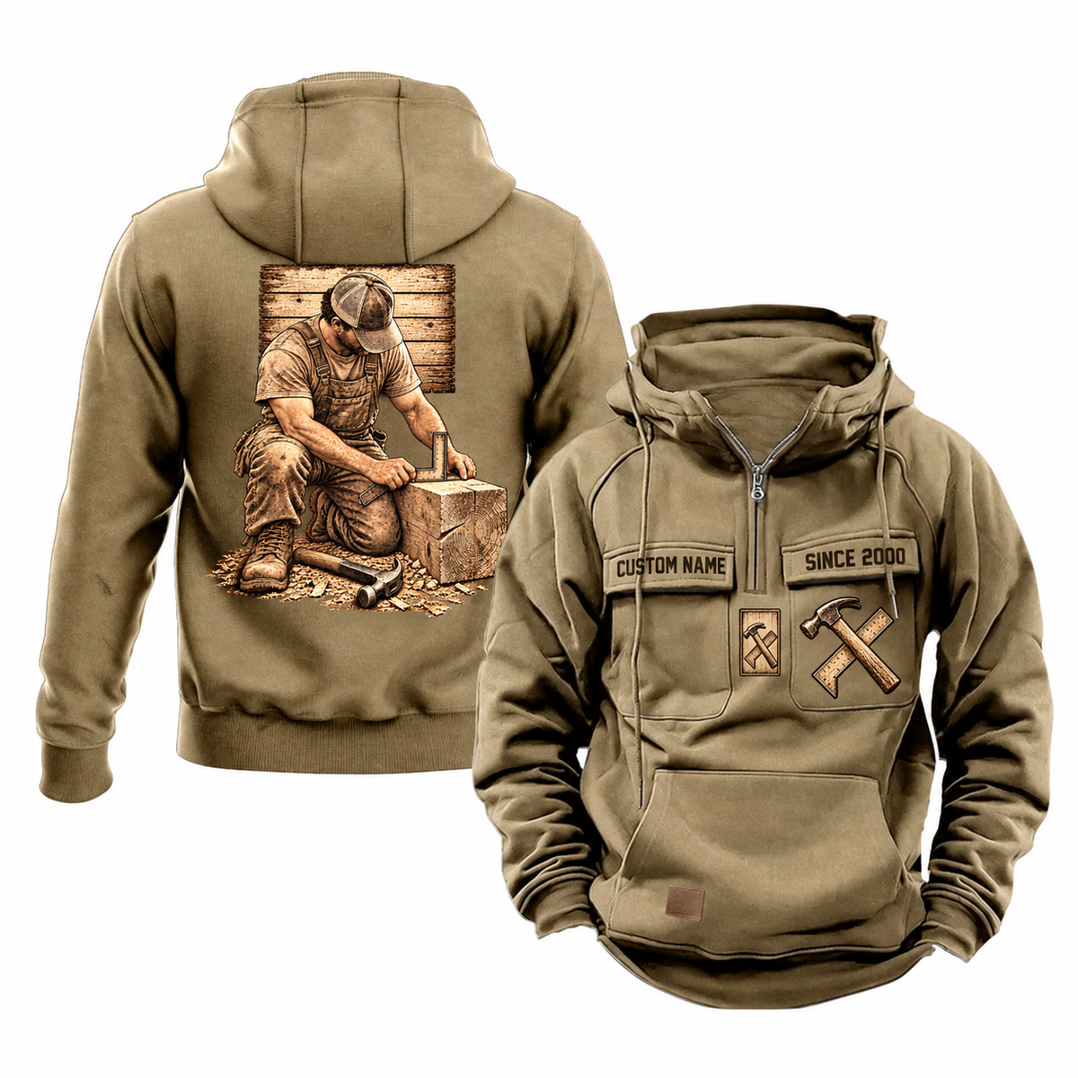 Carpenter Ready Every Day Portrait Vintage Hoodie in Kaki, front and back views with sample text CUSTOM NAME and SINCE 2000, crossed hammer-and-square chest emblems and a kneeling carpenter back illustration.