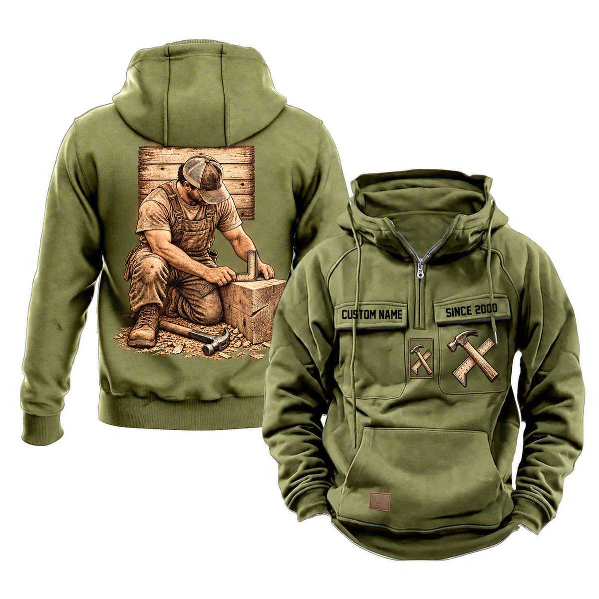 Carpenter Ready Every Day Portrait Vintage Hoodie in Military Green, front and back views with sample text CUSTOM NAME and SINCE 2000, crossed hammer-and-square chest emblems and a kneeling carpenter back illustration.