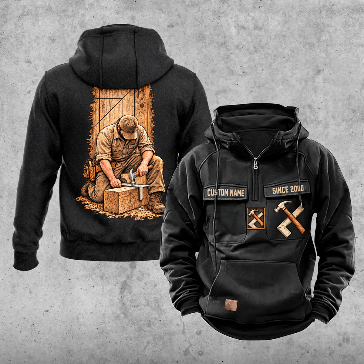 Carpenter Workday Portrait Vintage Hoodie in Black, front and back views with sample text CUSTOM NAME and SINCE 2000.