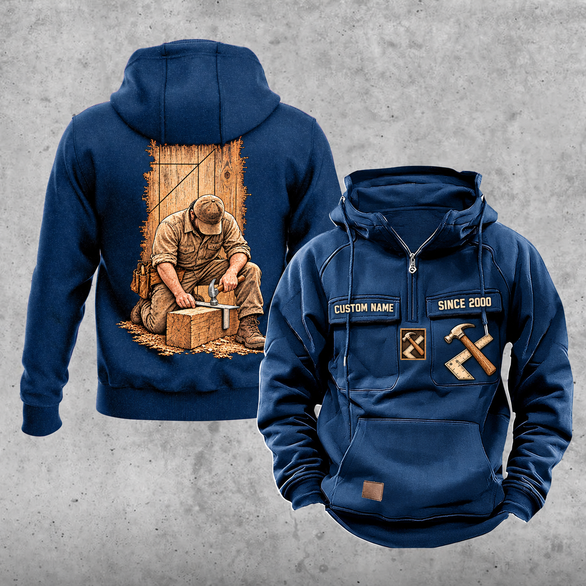 Carpenter Workday Portrait Vintage Hoodie in Dark Blue, front and back views with sample text CUSTOM NAME and SINCE 2000.