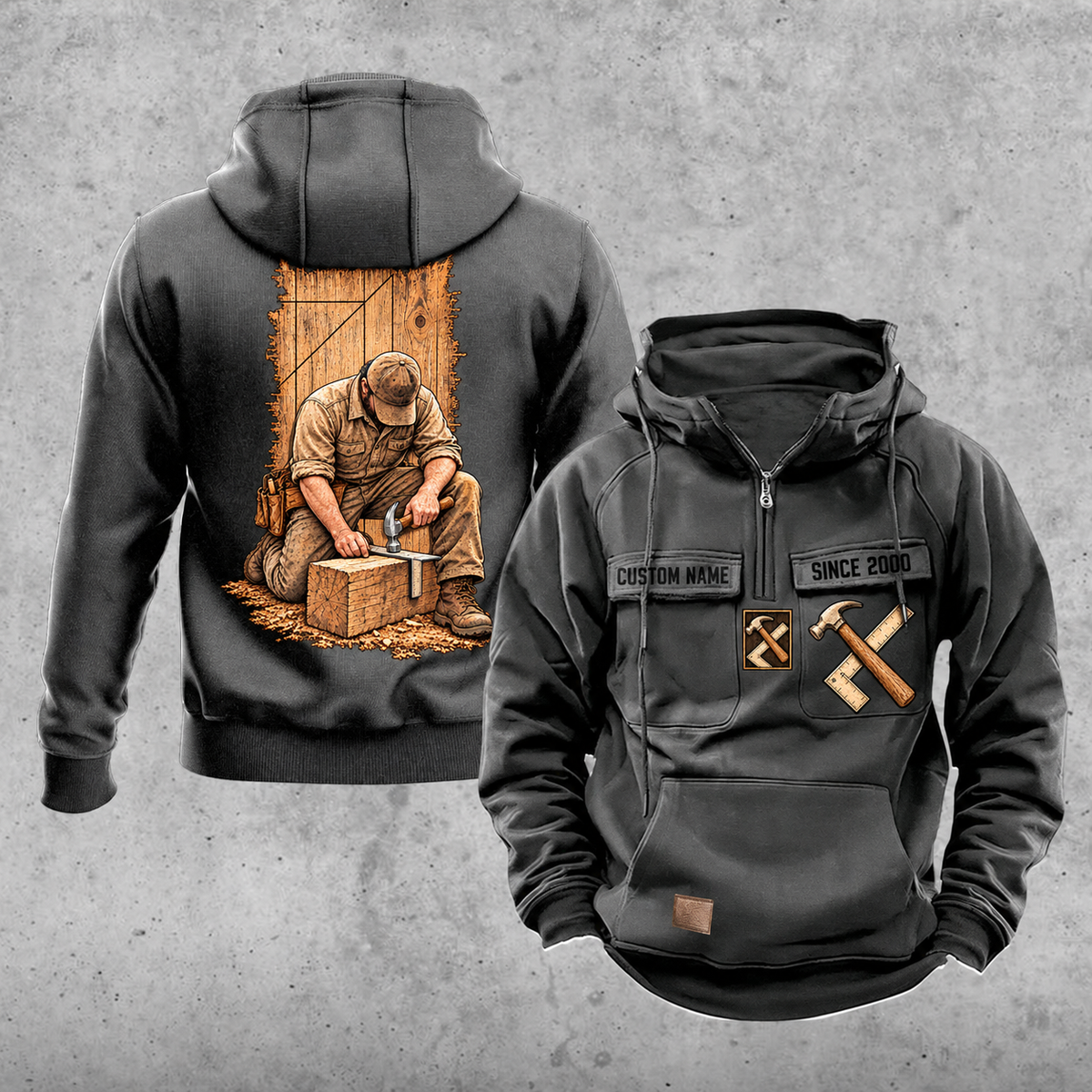 Carpenter Workday Portrait Vintage Hoodie in Dark Gray, front and back views with sample text CUSTOM NAME and SINCE 2000.