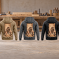 Carpenter Workday Portrait Vintage Hoodie in Military Green, Kaki, Dark Gray, Black and Dark Blue, five complete back views in a quiet woodworking workshop.