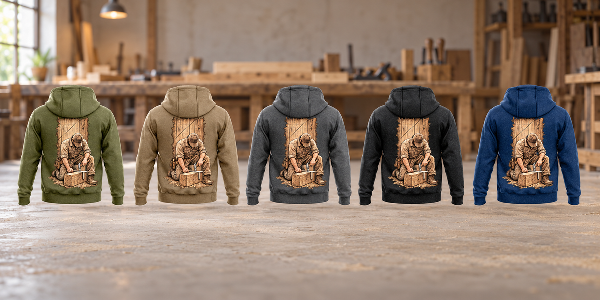 Carpenter Workday Portrait Vintage Hoodie in Military Green, Kaki, Dark Gray, Black and Dark Blue, five complete back views in a quiet woodworking workshop.