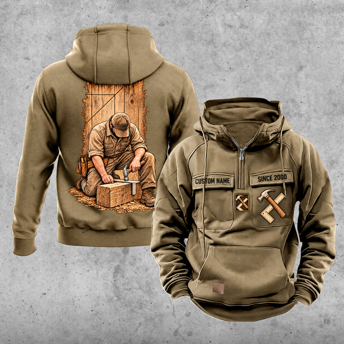 Carpenter Workday Portrait Vintage Hoodie in Kaki, front and back views with sample text CUSTOM NAME and SINCE 2000.