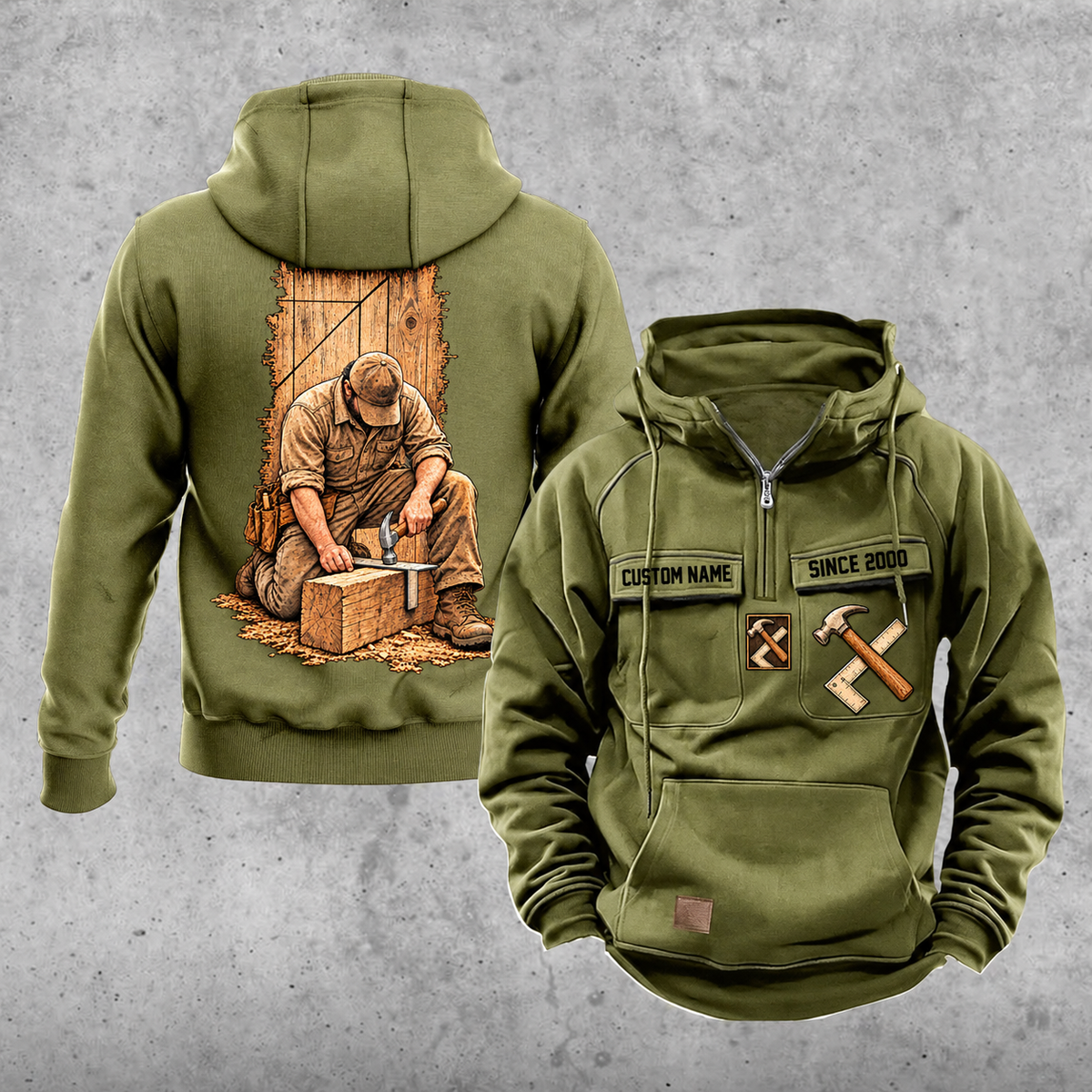 Carpenter Workday Portrait Vintage Hoodie in Military Green, front and back views with sample text CUSTOM NAME and SINCE 2000.