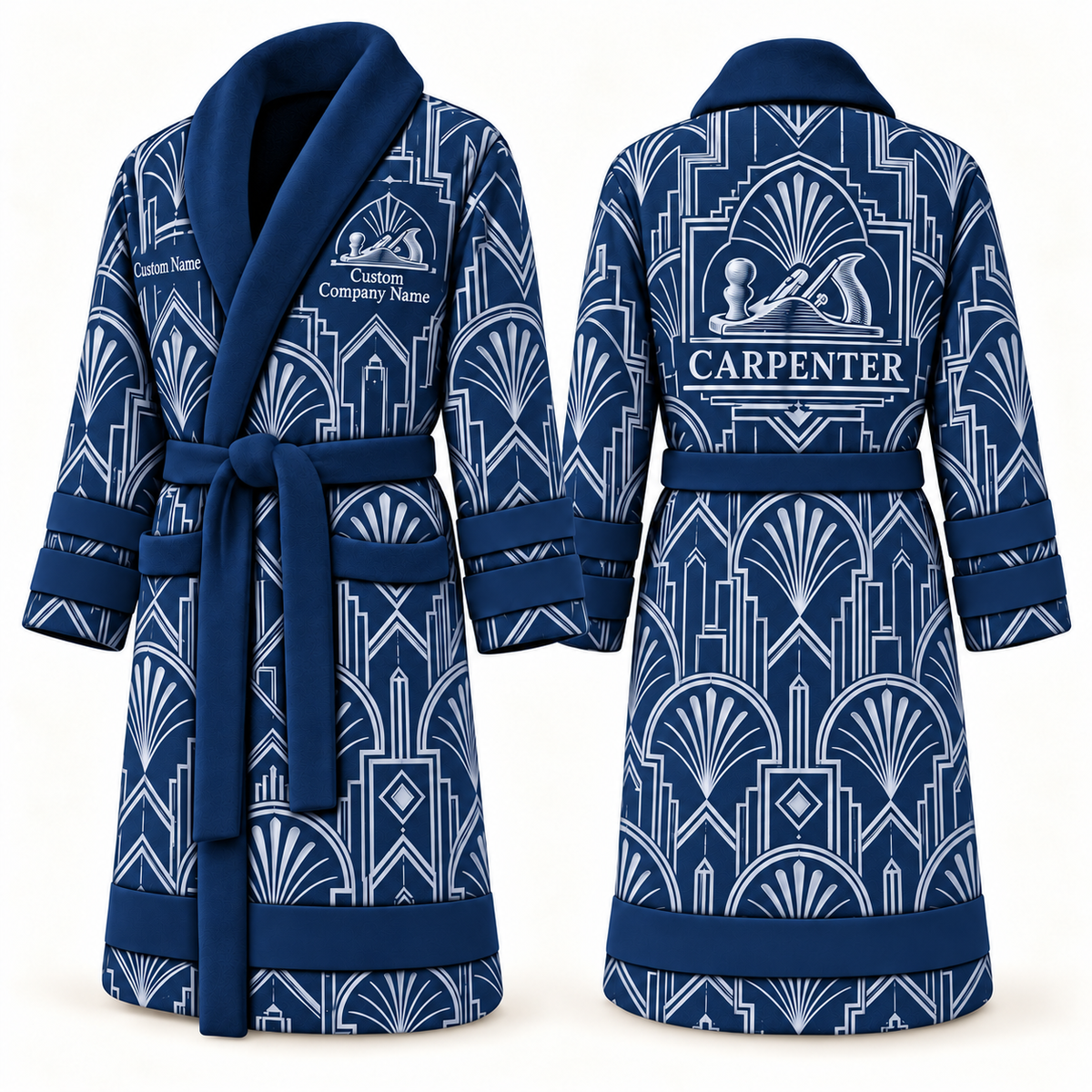Personalized Carpenter Bathrobe - Art Deco Craft blue front and back view
