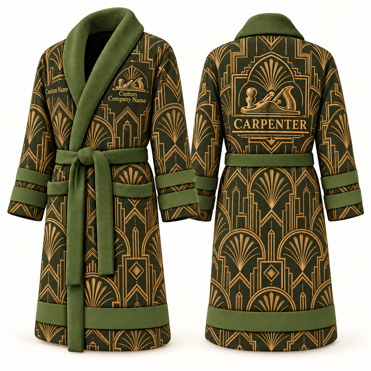 Personalized Carpenter Bathrobe - Art Deco Craft olive front and back view