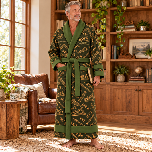Personalized Carpenter Bathrobe in Olive worn at home