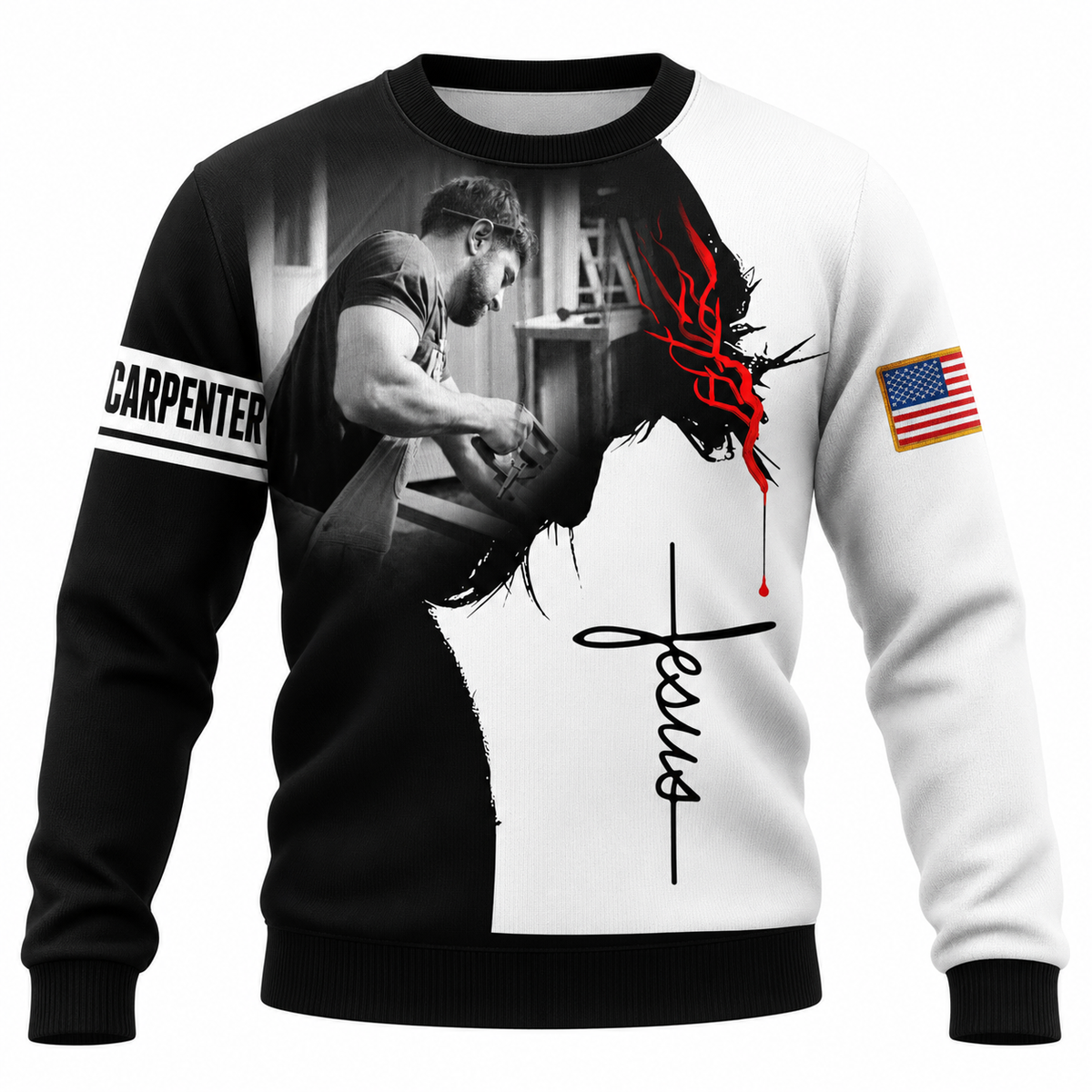 Personalized carpenter Sweatshirt black and white Jesus portrait print, front view
