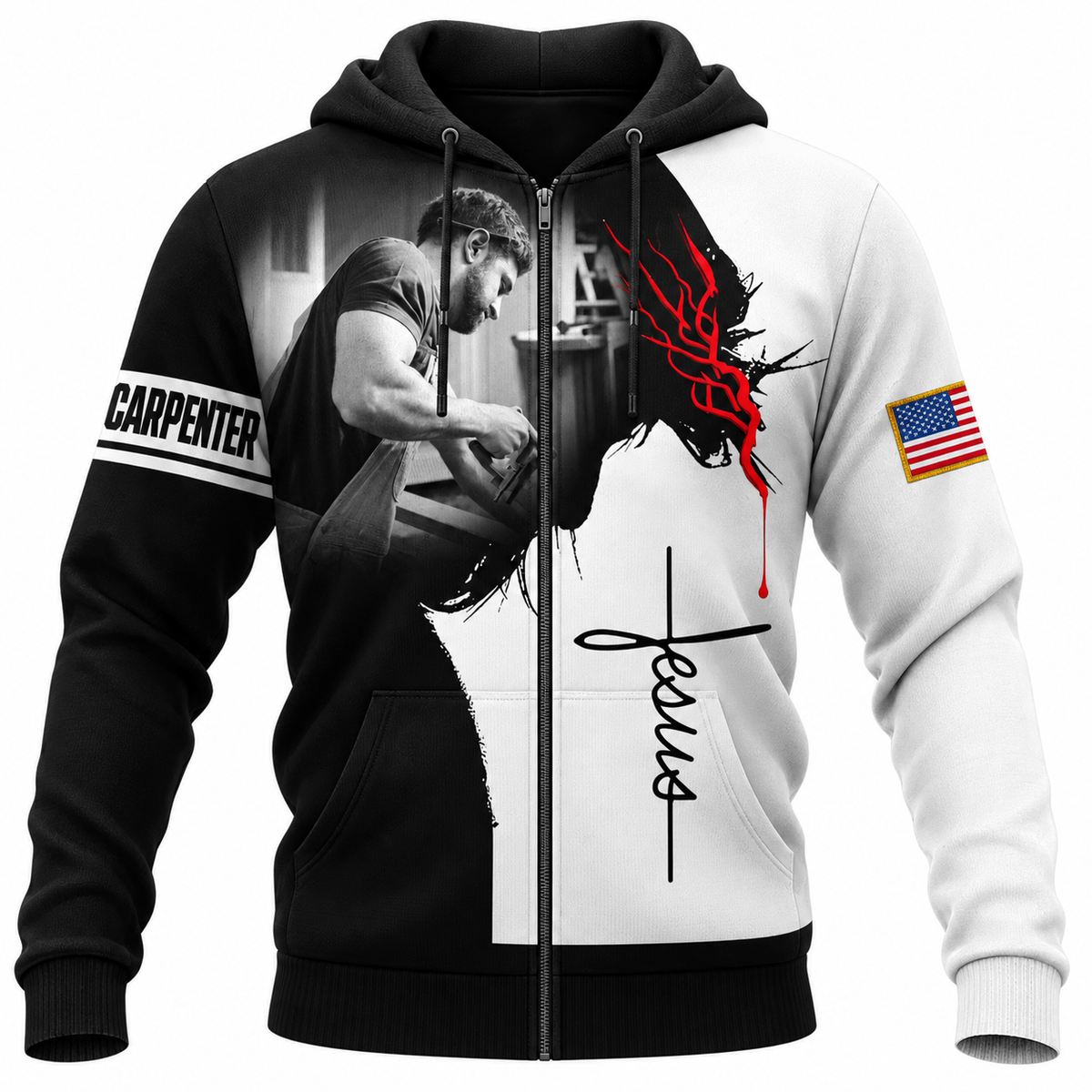 Personalized carpenter Zip Hoodie black and white Jesus portrait print, front view