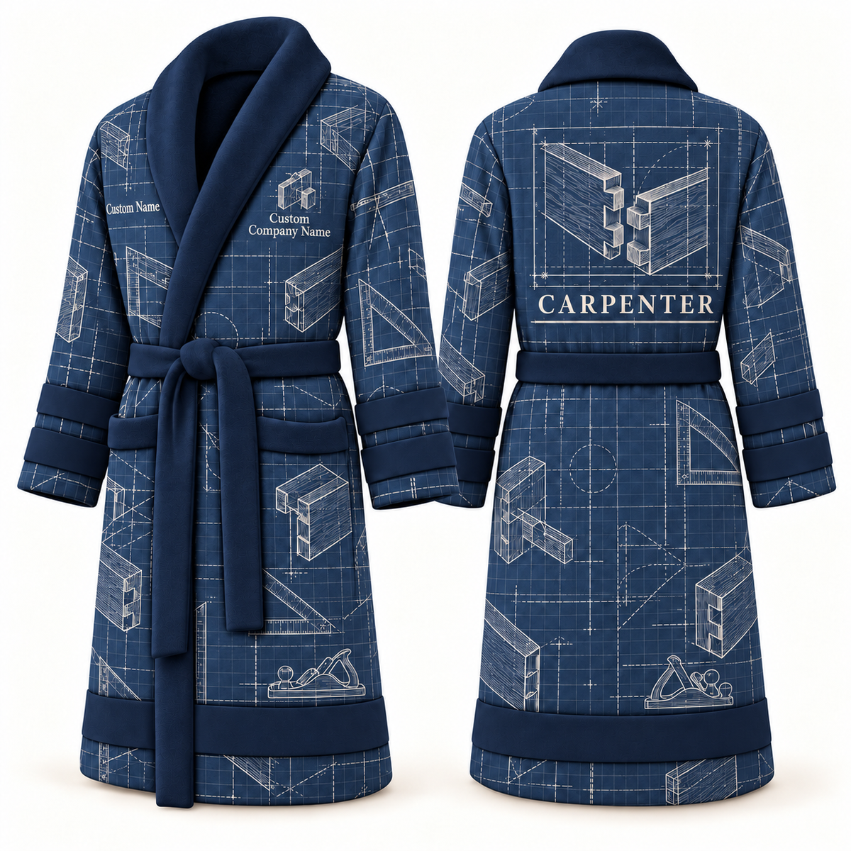 Carpenter Blueprint Workshop Bathrobe blue front and back view