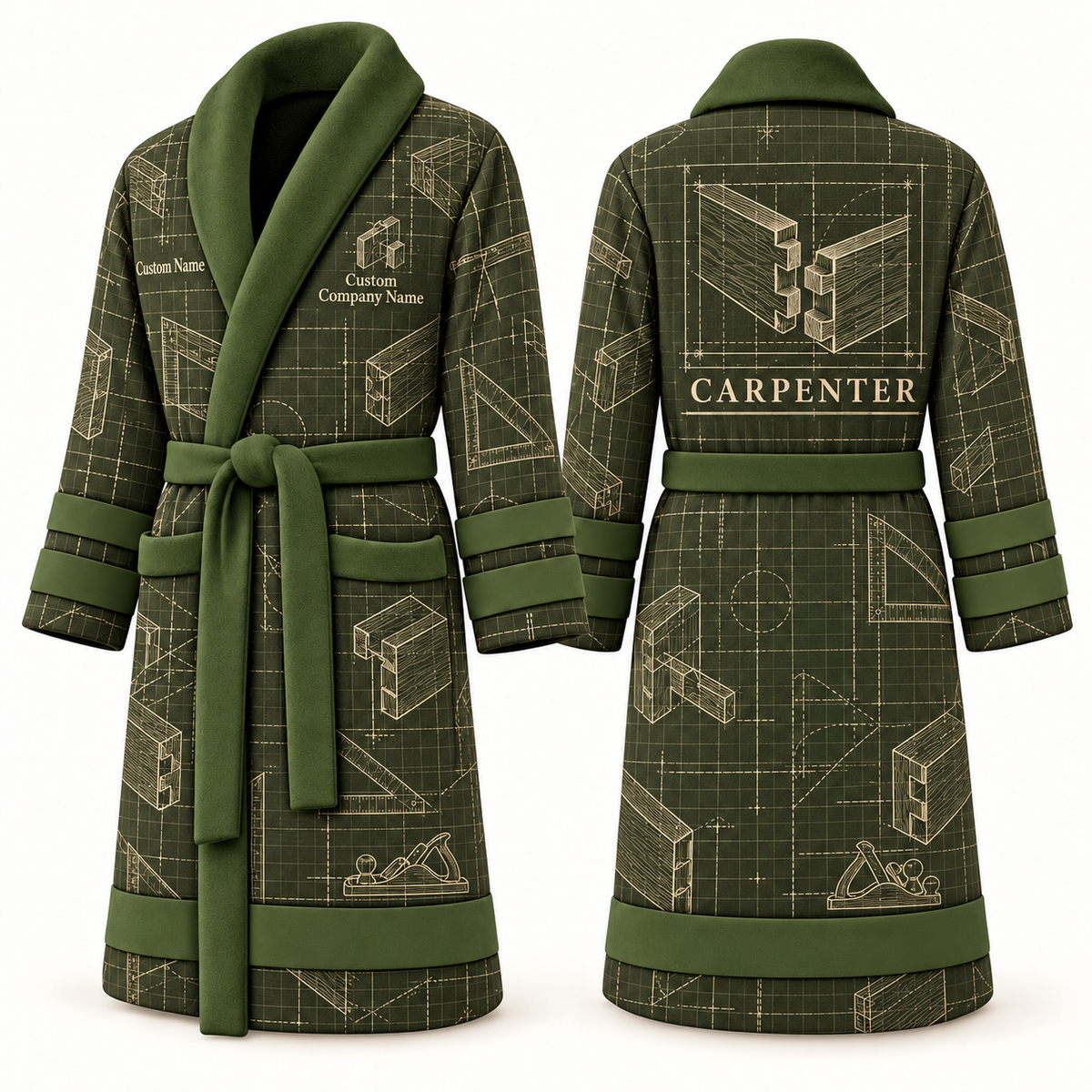 Carpenter Blueprint Workshop Bathrobe olive front and back view