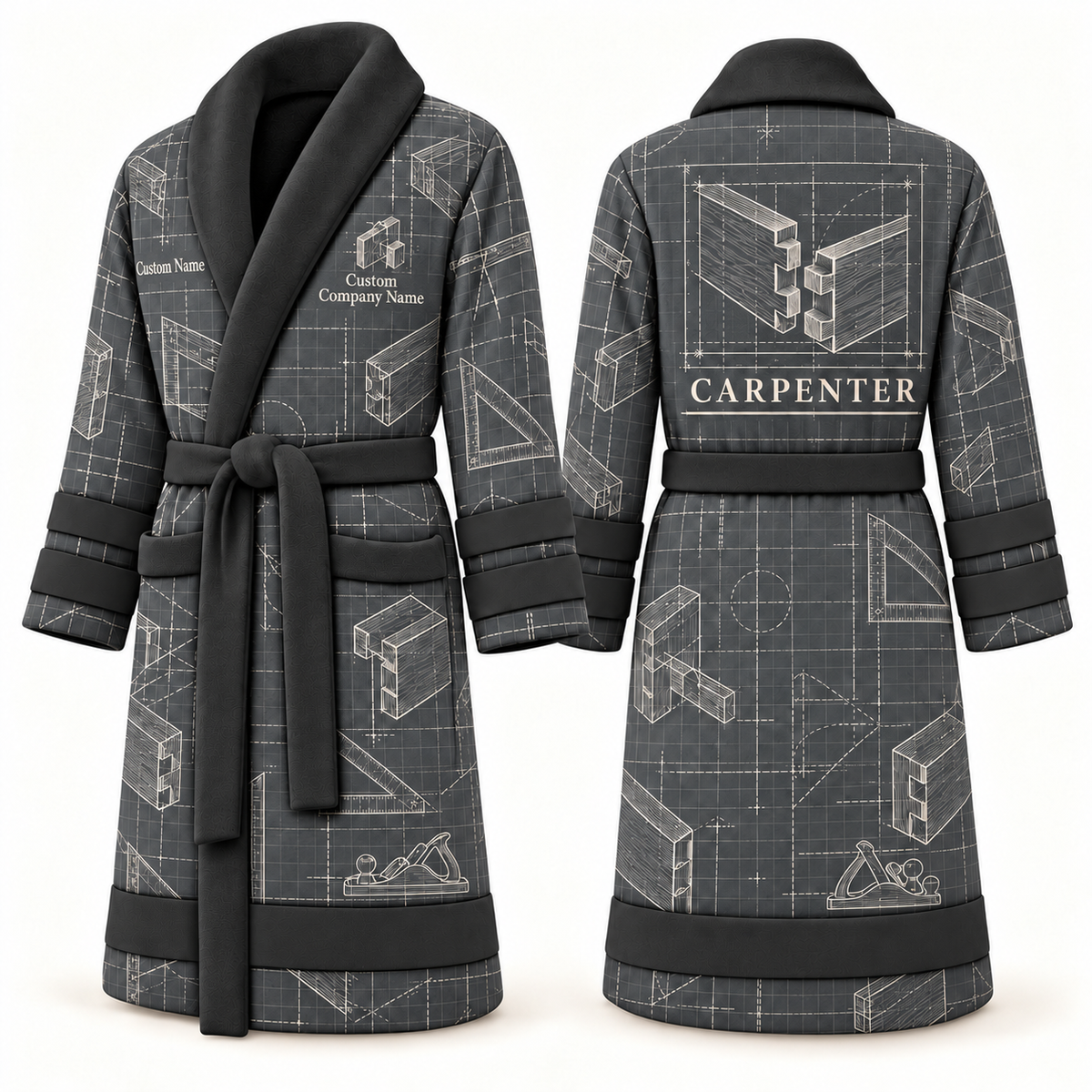 Carpenter Blueprint Workshop Bathrobe slate front and back view