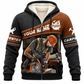 Personalized carpenter fleece zip hoodie with brown diagonal band and carpenter at work print, front view