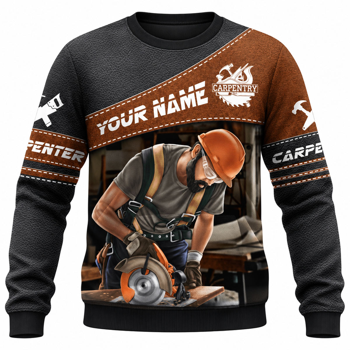 Personalized carpenter sweatshirt with brown diagonal band and carpenter at work print, front view