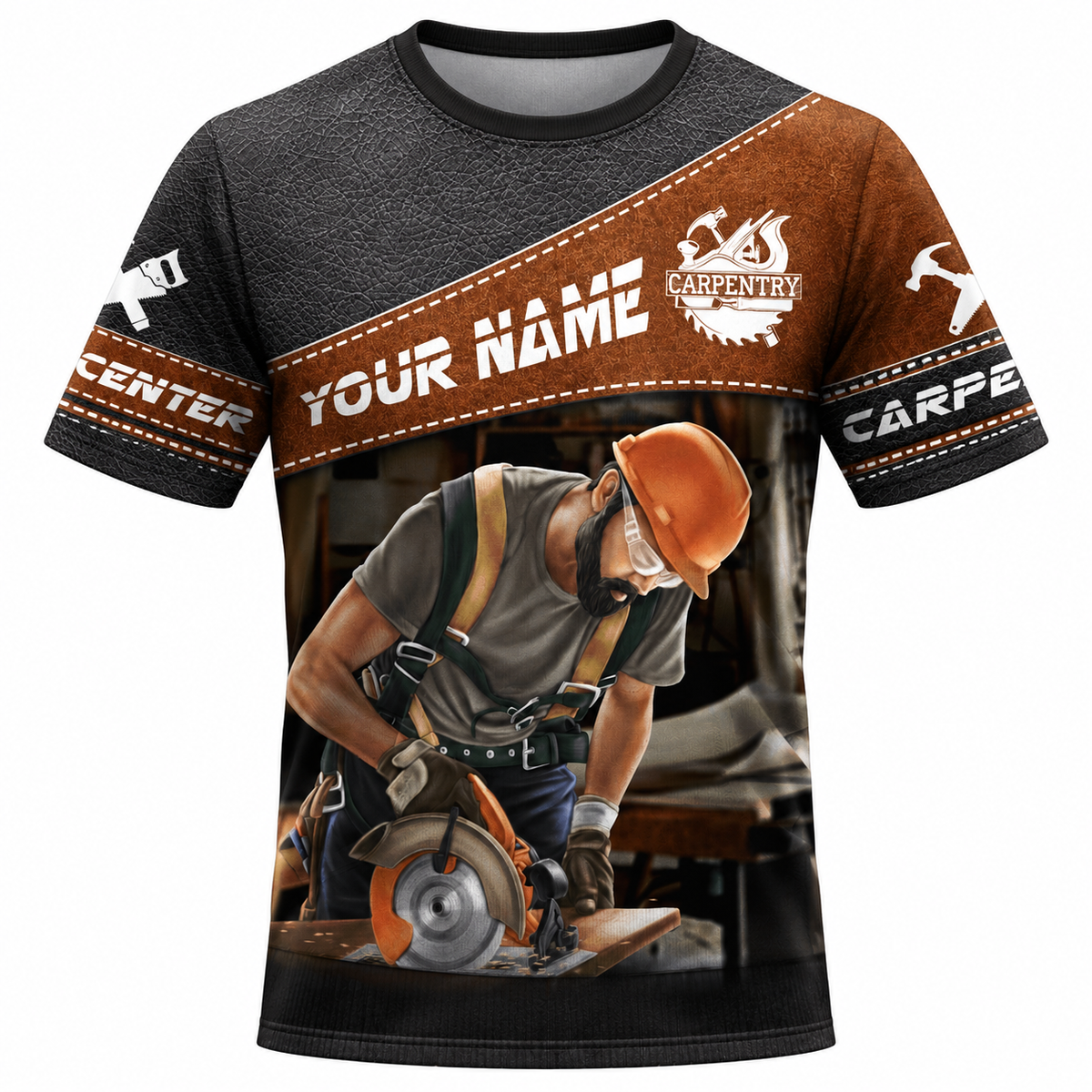 Personalized carpenter t-shirt with brown diagonal band and carpenter at work print, front view