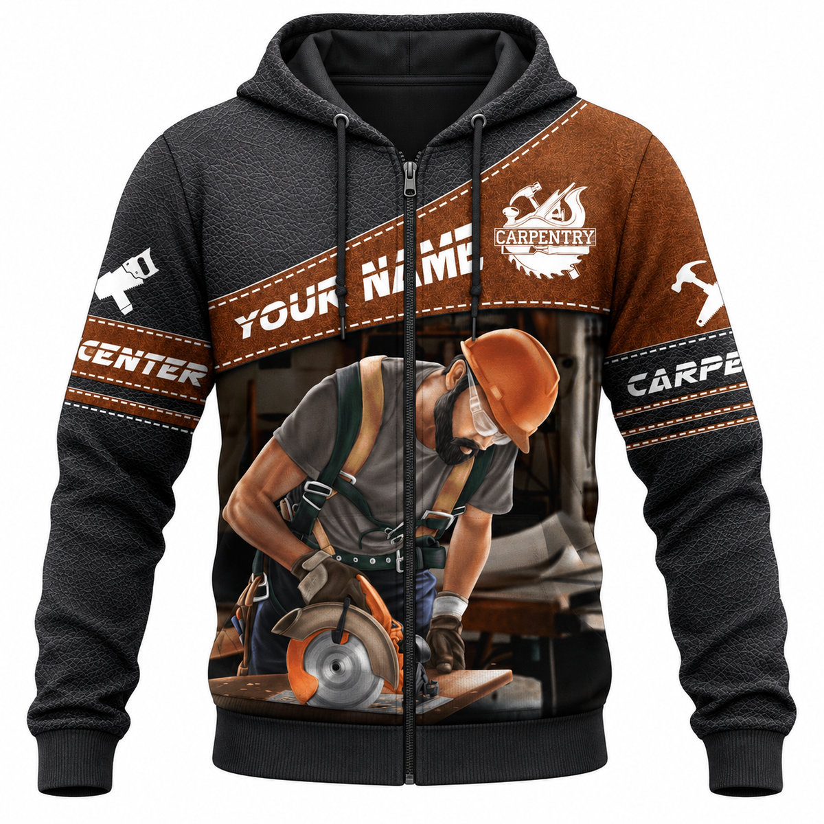 Personalized carpenter zip hoodie with brown diagonal band and carpenter at work print, front view