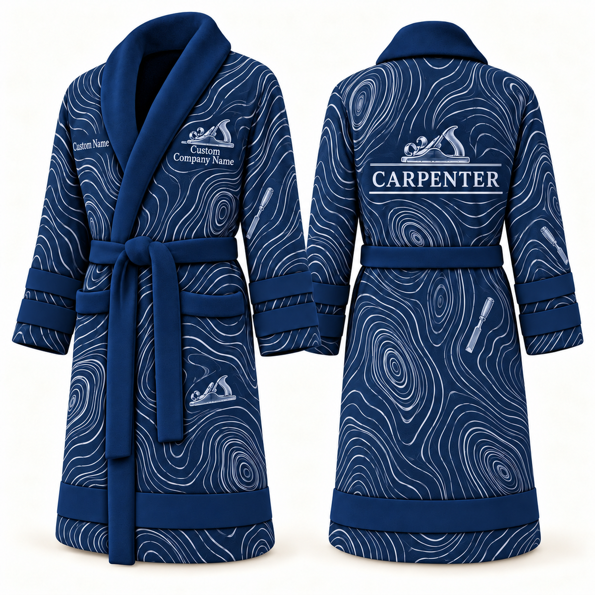 Personalized Carpenter Bathrobe - Contour Lines blue front and back view