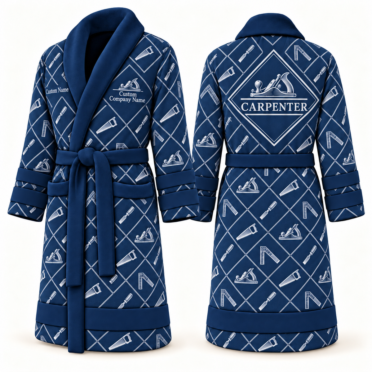 Personalized Carpenter Bathrobe - Diamond Emblems blue front and back view