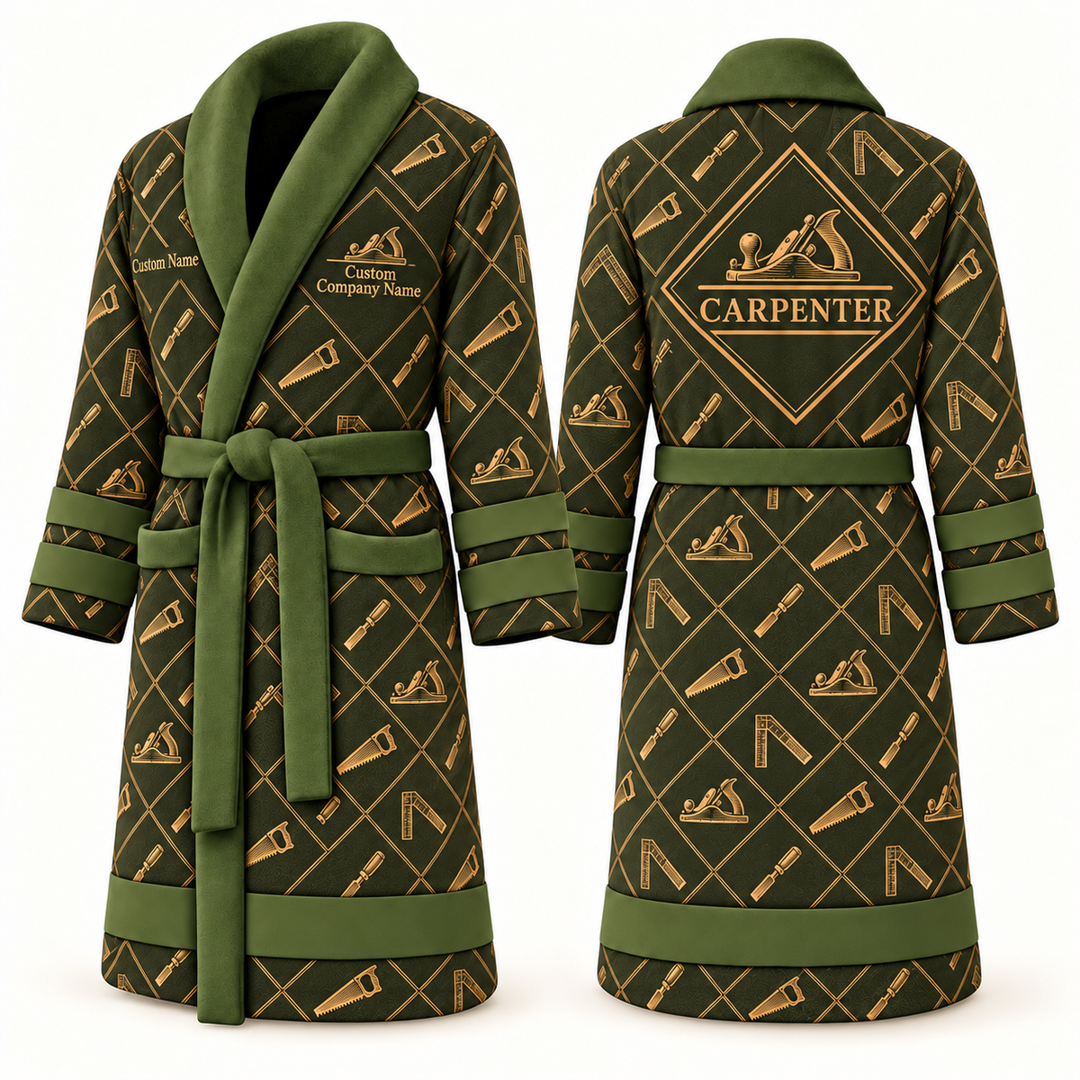 Personalized Carpenter Bathrobe - Diamond Emblems olive front and back view