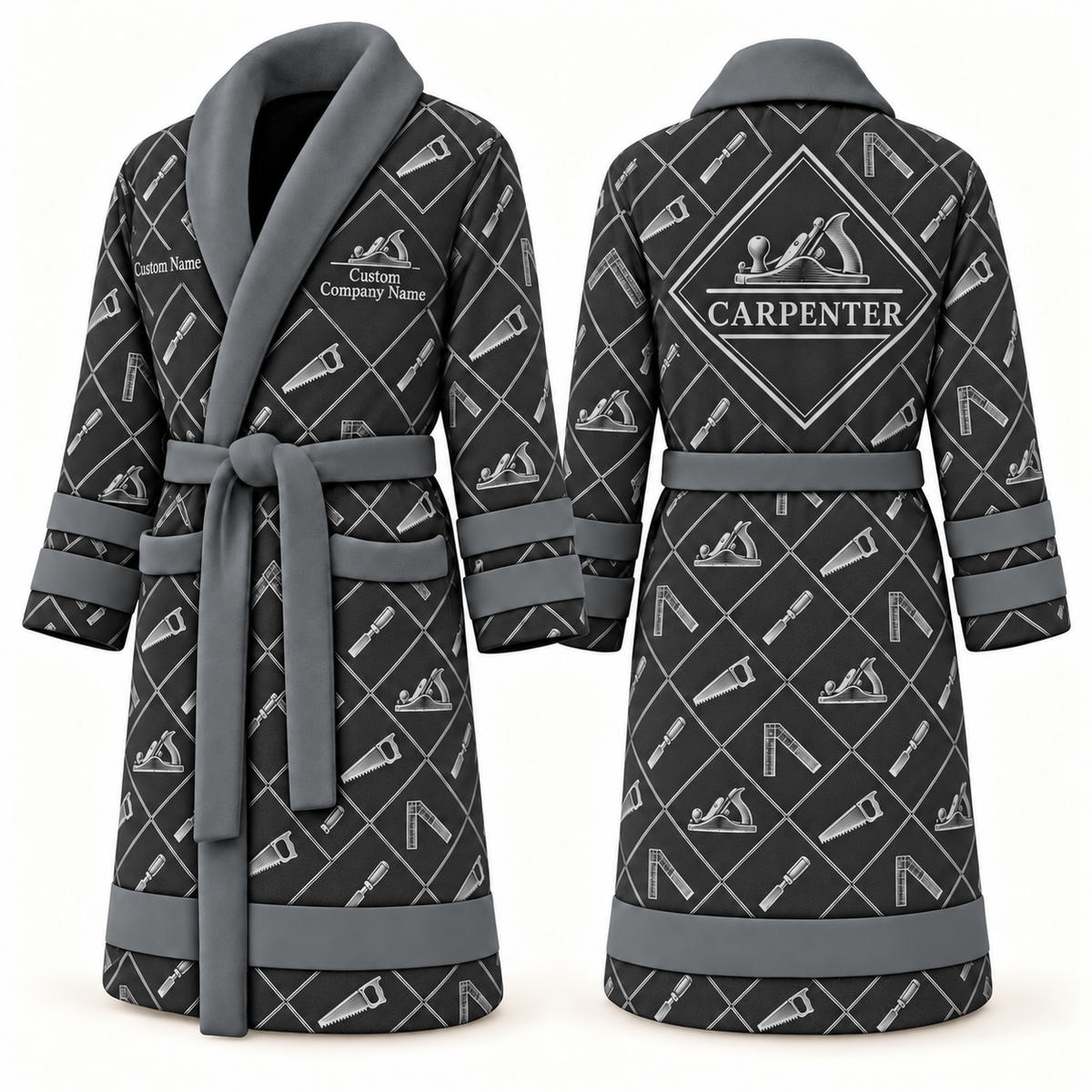 Personalized Carpenter Bathrobe - Diamond Emblems slate front and back view