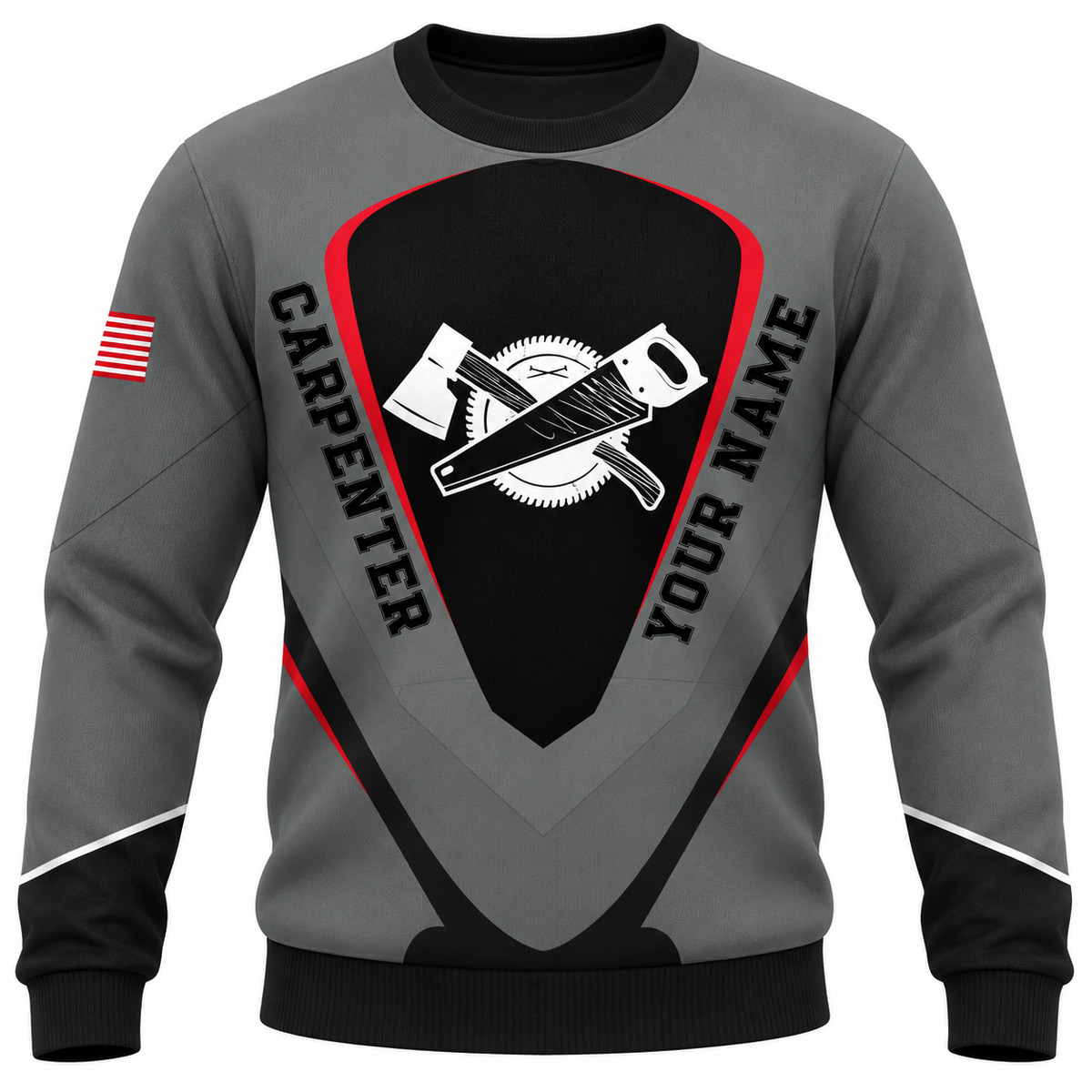 Personalized carpenter sweatshirt with grey red crossed tools design, front view