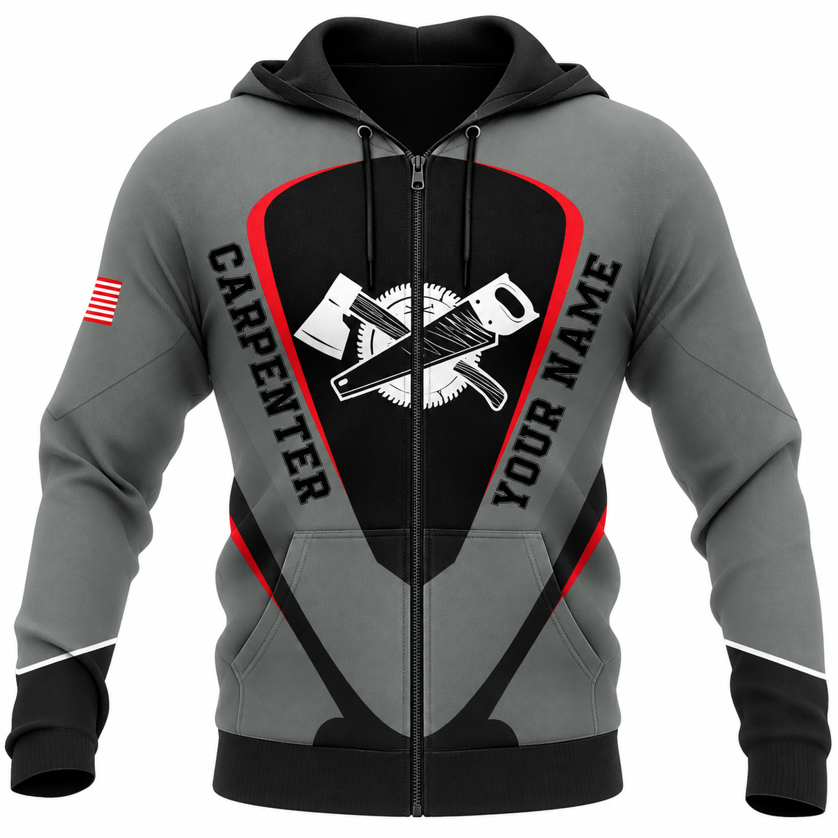 Personalized carpenter zip hoodie with grey red crossed tools design, front view