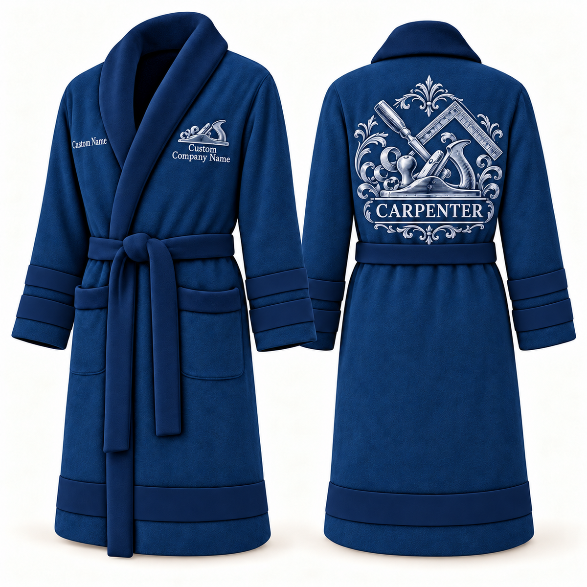 Personalized Carpenter Bathrobe - Heritage Crest blue front and back view